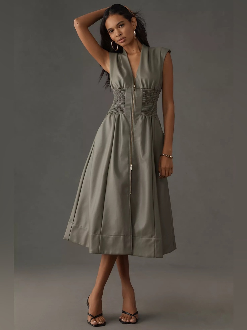 The Tommie Cap-Sleeve Smocked Front-Zip Shirt Dress: Faux Leather Edition Size S